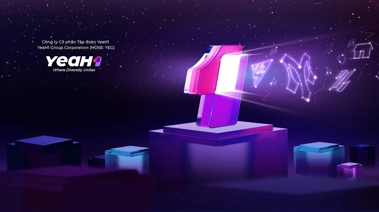 Hình ảnh Yeah1 Group với biểu tượng 3D và không gian sáng tạo sắc tím